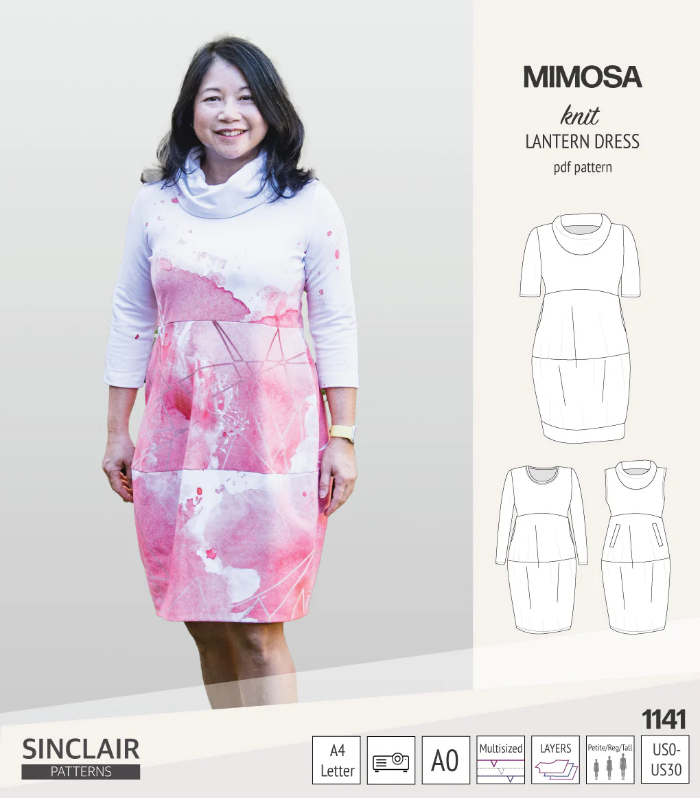 Mimosa lantern style knit dress with a cowl and pockets (PDF)