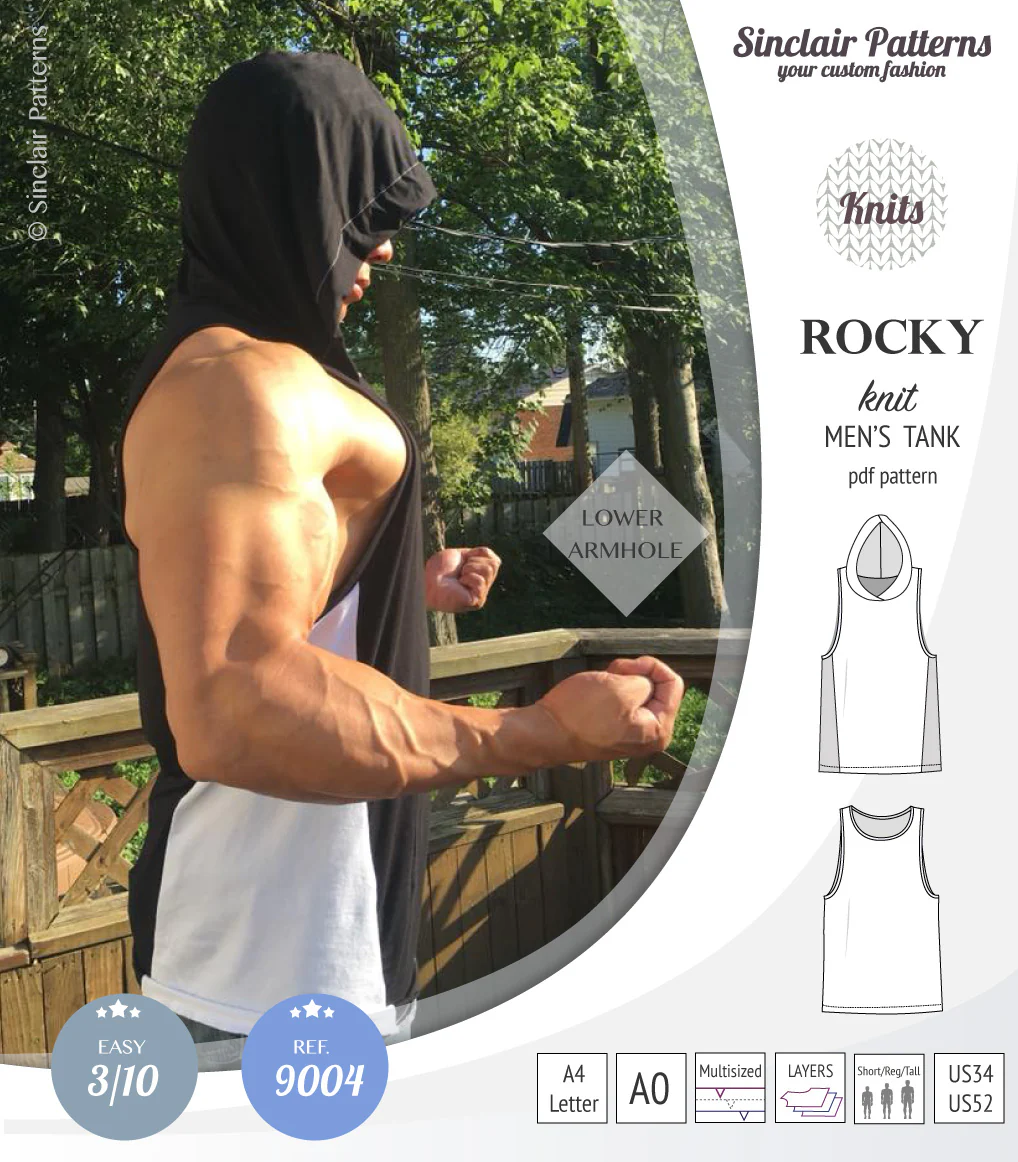 Rocky semi fitted knit tank with optional panels and a hood for men (PDF) - Image 11