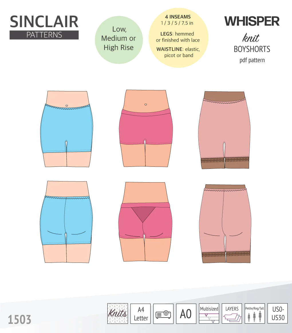 Whisper no front seam boyshorts with various inseams (PDF)